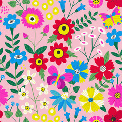 Seamless floral pattern with bold hand-drawn flowers and leaves on a soft pink background. Vibrant and playful design perfect for fabric, packaging, stationery, and digital projects.