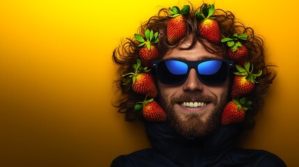 Smiling man with curly hair adorned with strawberries against a vibrant yellow background
