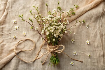 Delicate white wildflowers tied with twine on a textured linen background