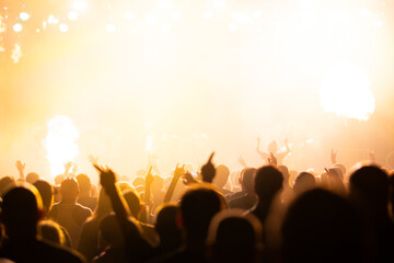 Crowd at concert and colorful stage lights.