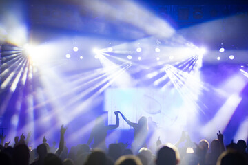 Crowd at concert and colorful stage lights.