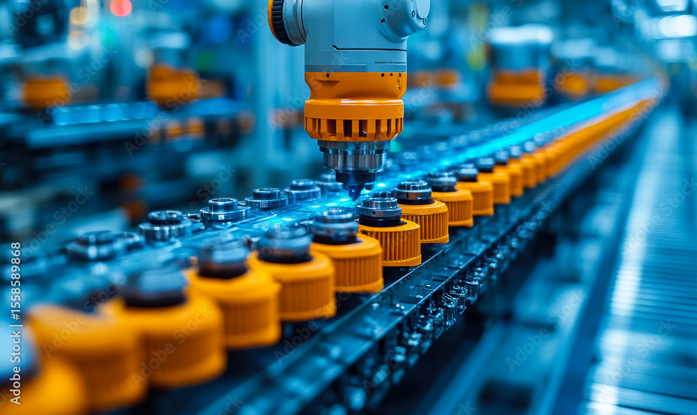 Poster automated robotic assembly line manufacturing precision machinery parts factory production process c