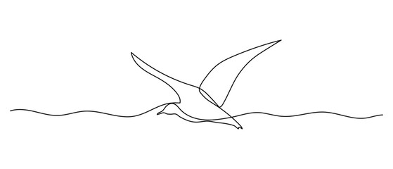 Seagull one line illustration, hand drawn bird in doodle style. Vector continuous outline sketch.