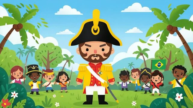  Cartoon Dom Pedro I, Brazilian historical figure, standing amidst diverse happy children and tropical scenery, symbolizing Brazil's independence and national unity 