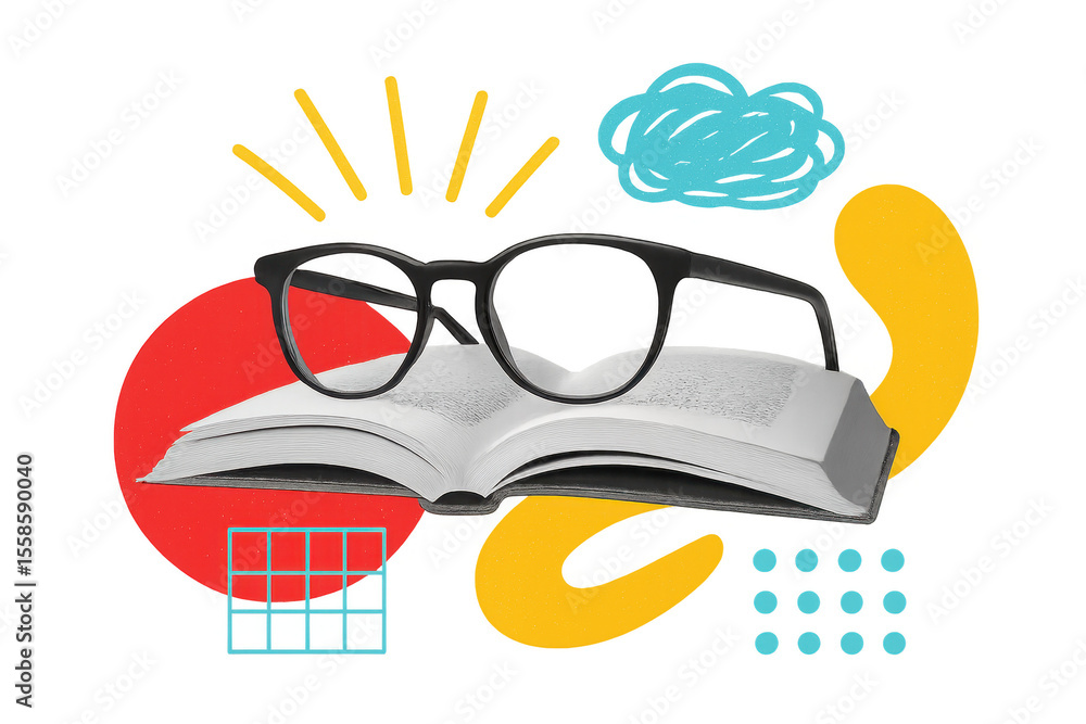 Poster open book with black glasses and colorful abstract elements representing knowledge and creativity in