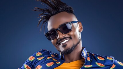 Smiling man with stylish hair and sunglasses posing in a vibrant shirt against a blue background
