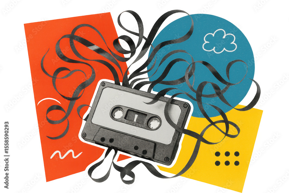 Poster retro cassette tape surrounded by colorful abstract shapes and tangled ribbon curling in a modern ar