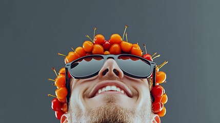 Smiling man with sunglasses and a fruit crown against a gray background, showcasing joy