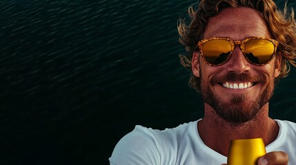 Smiling man with sunglasses holding a drink, enjoying a serene moment by the water