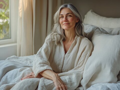 Mature woman with grey hair, wearing a robe, smiling and resting on bed.