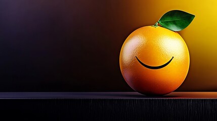 Smiling orange fruit with a green leaf on a dark surface, illuminated by warm lighting