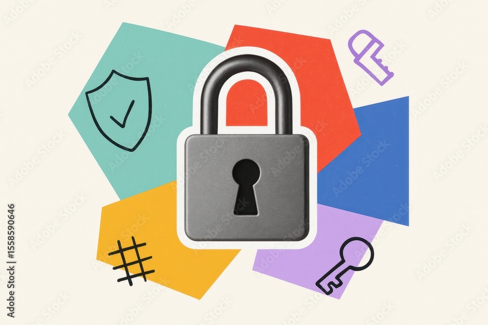 Poster padlock symbolizing security and protection with colorful geometric shapes and icons representing pr