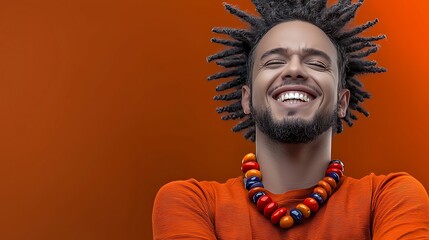 Smiling man with unique hairstyle wearing colorful beads against a vibrant orange background