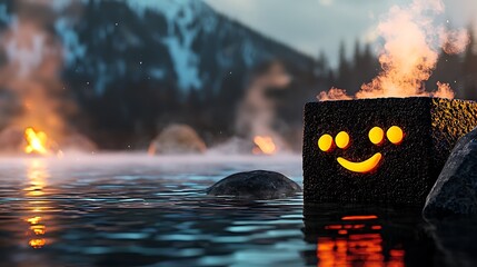 Smiling stone in a serene lake surrounded by mountains and steam rising from the water