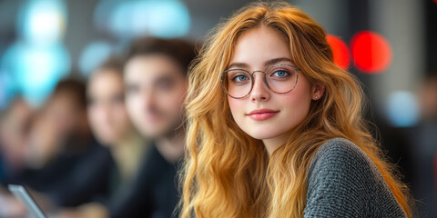 Young confident woman with glasses looking at camera in modern coworking space with blurred background of diverse people working on laptops and digital devices, startup innovation environment concept