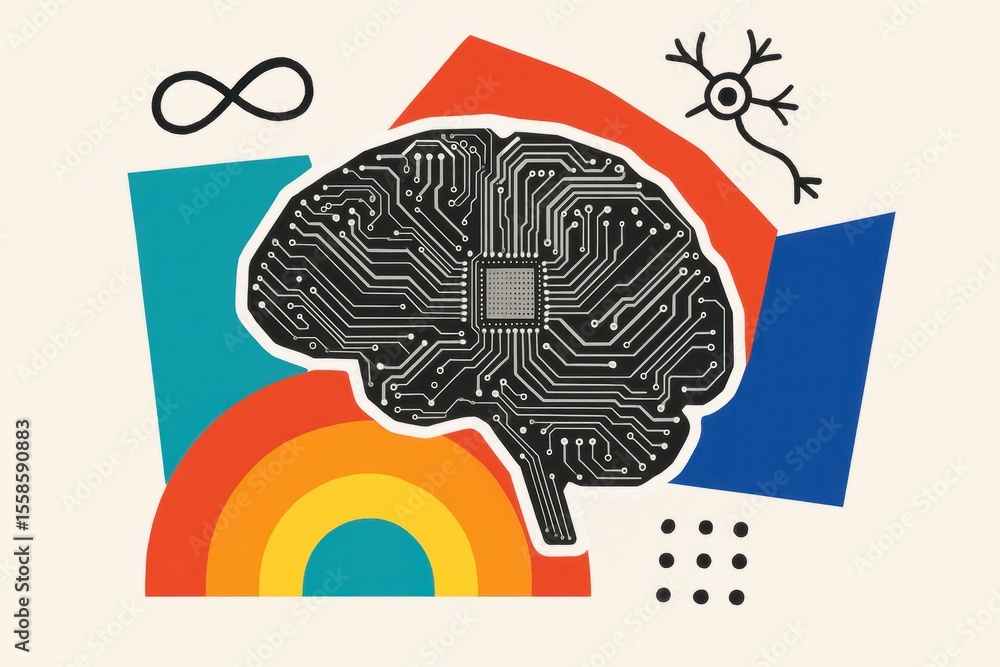 Poster abstract illustration of a brain with circuit patterns and geometric shapes, symbolizing technology,