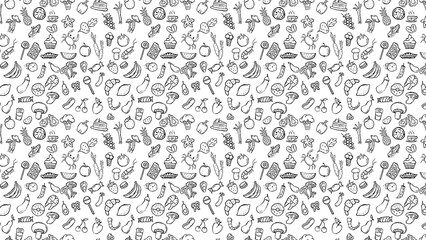 Seamless pattern with hand drawn food doodles on a white background in a black and white style
