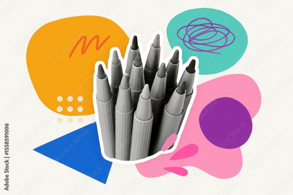 Poster collection of gray markers surrounded by colorful abstract shapes, emphasizing creativity, design, a
