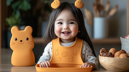 Smiling toddler in a playful setting with cute animal-themed accessories and snacks