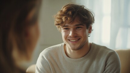 Happy young man with short curly hair, looking at someone and smiling brightly.