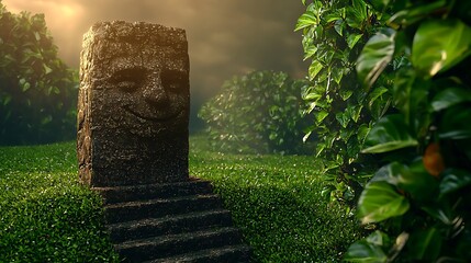 Smiling stone statue surrounded by lush greenery and soft sunlight in a tranquil setting