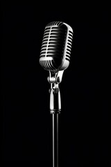 Fototapeta premium Microphone on a stand in the dark, ready for a live performance or recording.