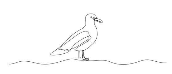 Seagull one line illustration, hand drawn standing bird in doodle style. Vector continuous outline sketch.