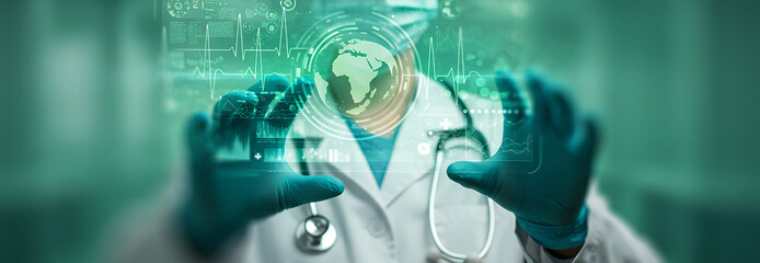 Doctor in lab coat with hands outstretched against a green futuristic background. used in a high-tech medical simulation for predictive treatment modeling