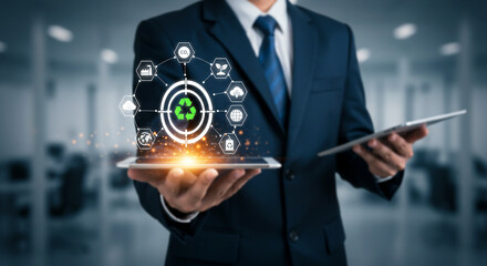 Sustainable Business Leader: A sharp dressed business leader holding a tablet with an overlaid interface representing ecological sustainability and smart industry, a beacon of progress.