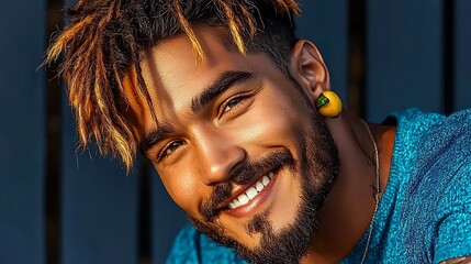 Smiling young man with stylish hair and earrings, sitting against a wooden backdrop