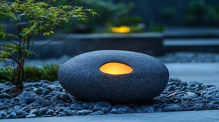 Smooth stone sculpture with glowing center in serene garden setting, evening ambiance