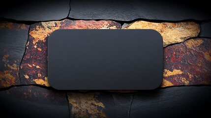 Smooth black object placed on a textured stone surface, showcasing natural colors and patterns