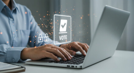 Online Voting: A person types on a laptop next to an icon floating in the air representing online voting.