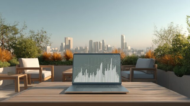 Business data analysis on laptop in rooftop cityscape environment for urban work inspiration