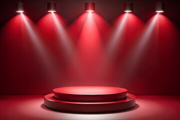 A circular red stage is dramatically lit by five spotlights against a dark red background