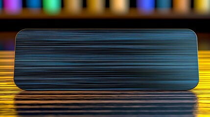 Smooth, dark blue metallic object on a reflective surface with colorful blurred background
