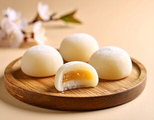 Delicate sliced mochi dessert with creamy filling melting slightly, placed on a rustic wooden dish, solid beige background