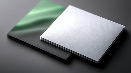 Smooth, reflective surfaces of green and white sheets arranged on a dark background, showcasing texture