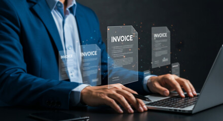 Digital Invoice Management: A professional, engrossed in the digital realm, meticulously navigates a laptop, seamlessly handling multiple invoices in a futuristic workspace.