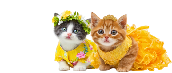 2 cute kittens dressed in summer outfit posing isolated over white (transparent) background; concept of summer domestic animals, pet hotel, cats on vacation