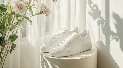 Pair of clean white canvas sneakers on a white pedestal near sheer curtains and flowers, lit by sunlight.