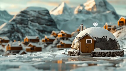 Snow-covered igloo in a serene winter landscape with distant mountains and cozy cabins