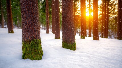 Snow-covered forest with sunlight filtering through trees, creating a serene winter landscape