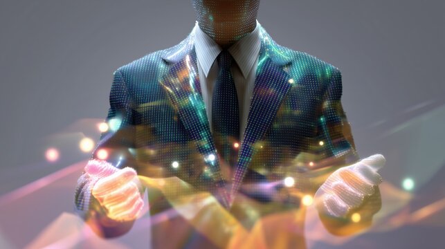 Business and AI technology innovation concept, Businessman with digital effects and glowing elements in background.