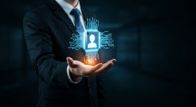 Digital Identity in Business: A modern business person holds a glowing digital avatar, symbolizing the crucial concept of identity and digital presence in the evolving business landscape.