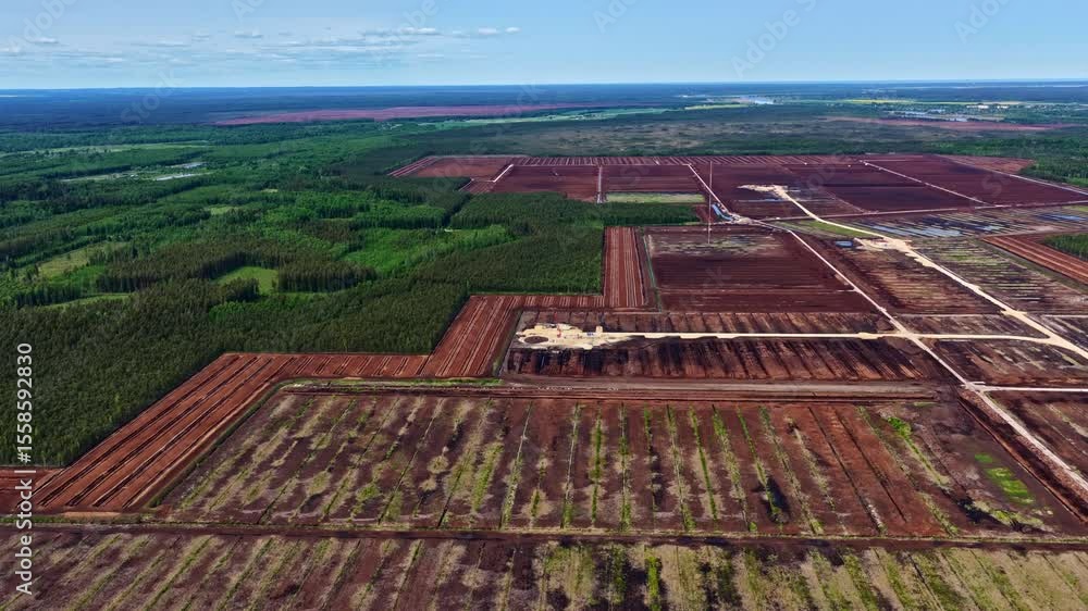 Poster Vast peat extraction fields with grid patterns surrounded by dense forest seen from above