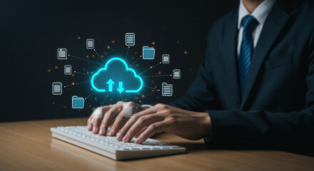 Cloud Data at Fingertips: A suited professional skillfully types, invoking the cloud, documents.