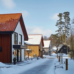 Snow-covered residential area showcasing modern houses with vibrant roofs and winter scenery