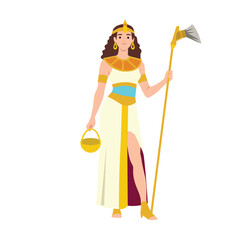 Woman dressed in traditional ancient Egyptian attire holds a golden staff and basket. Flat vector illustration isolated on white background