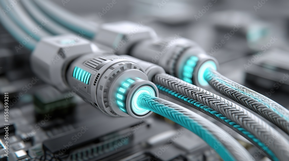 Poster quantum computing researching factory, digital circuit with futuristic cables and connectors glowing